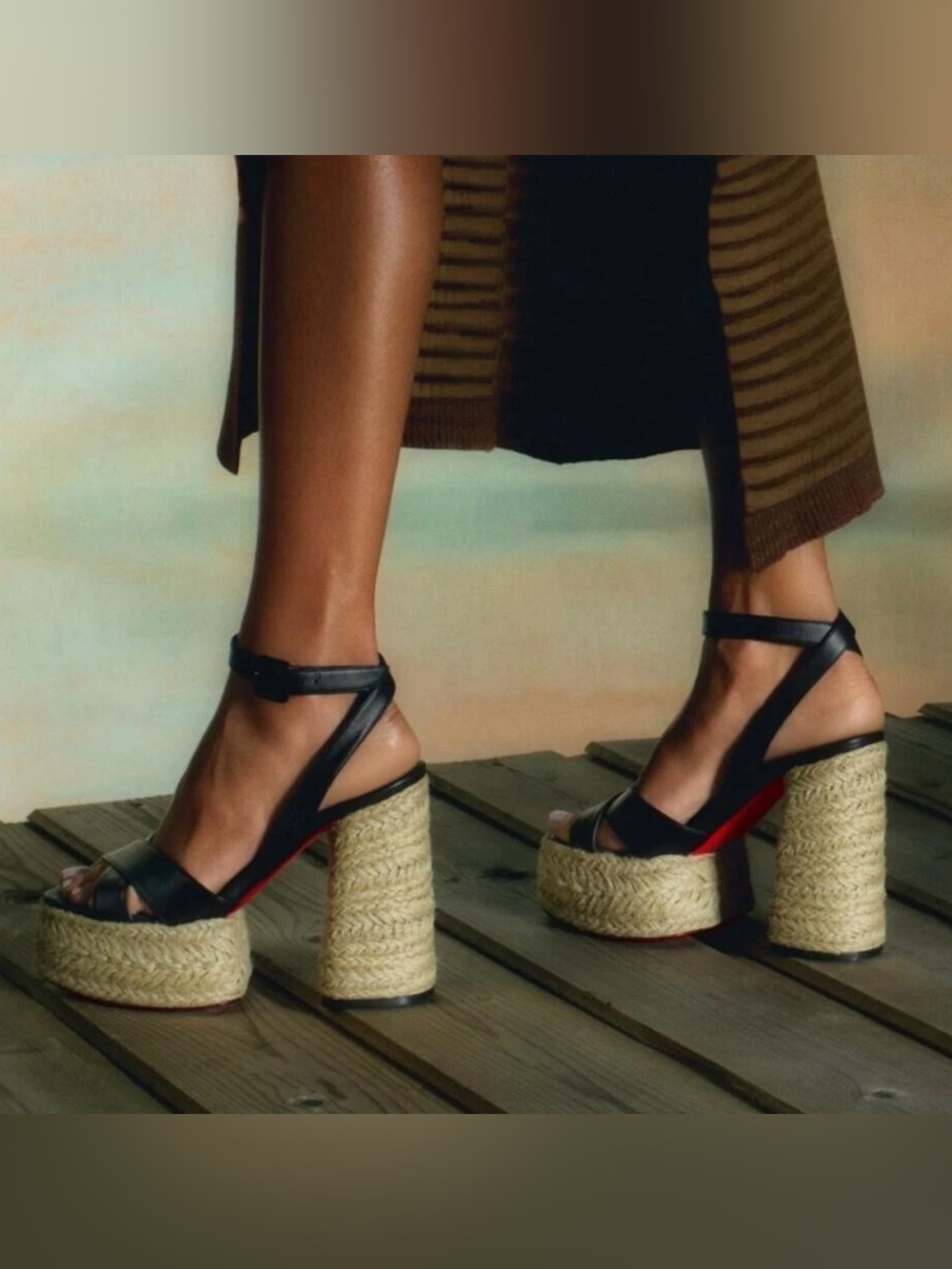 Christian Louboutin Super Mariza 130 Black Leather Espadrille Wedge Sandals - Picture 11 of 11